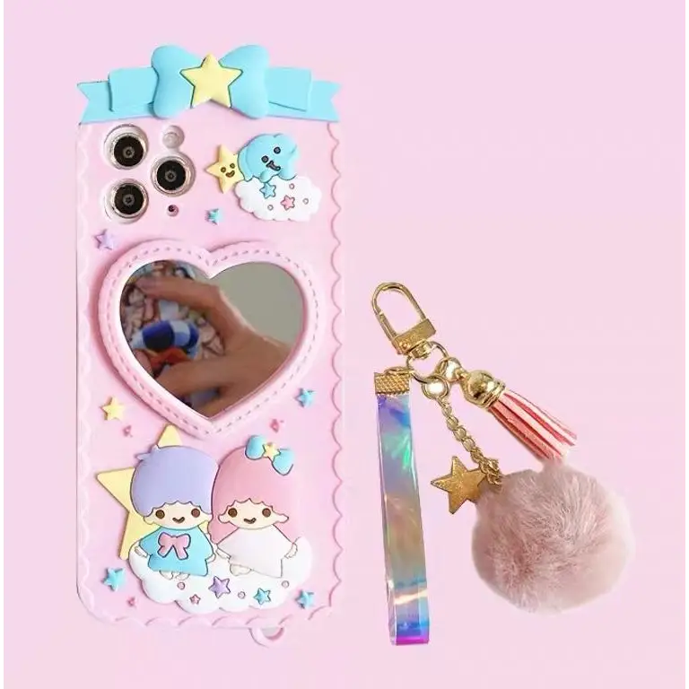 Luxurious Kiki & Lala iPhone Case with Heart Mirror in Pastel Colors - Phone Case