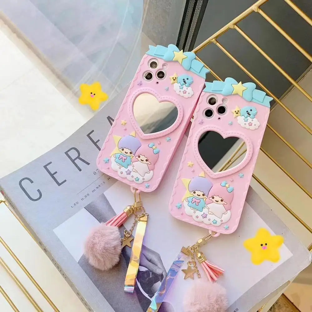 Luxurious Kiki & Lala iPhone Case with Heart Mirror in Pastel Colors - Phone Case