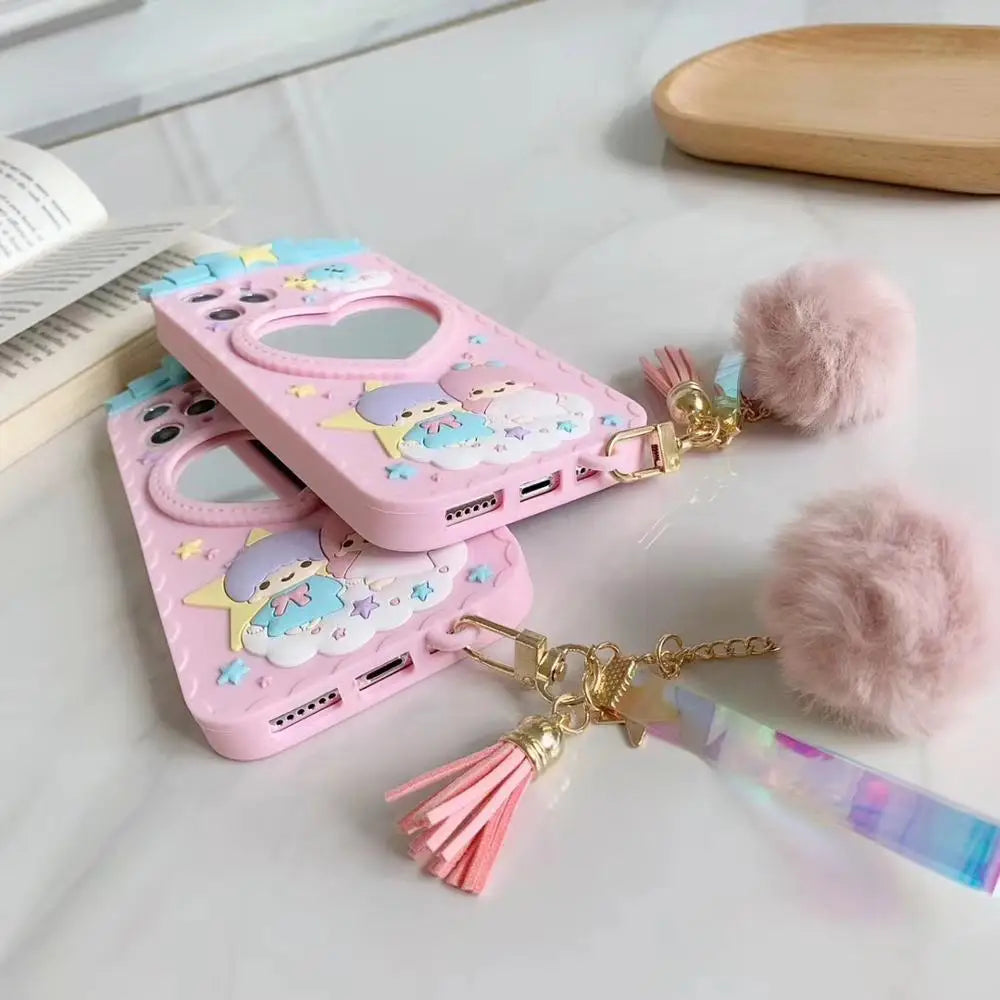 Luxurious Kiki & Lala iPhone Case with Heart Mirror in Pastel Colors - Phone Case