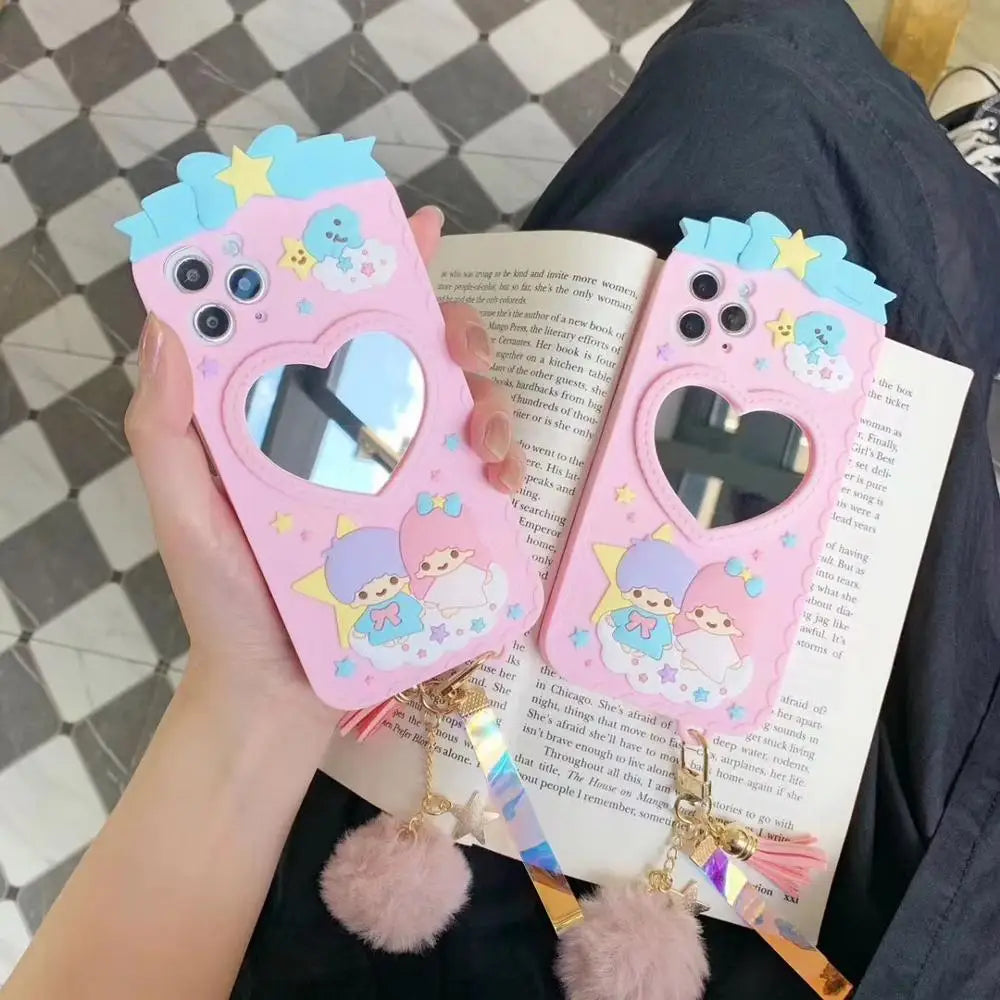 Luxurious Kiki & Lala iPhone Case with Heart Mirror in Pastel Colors - Phone Case