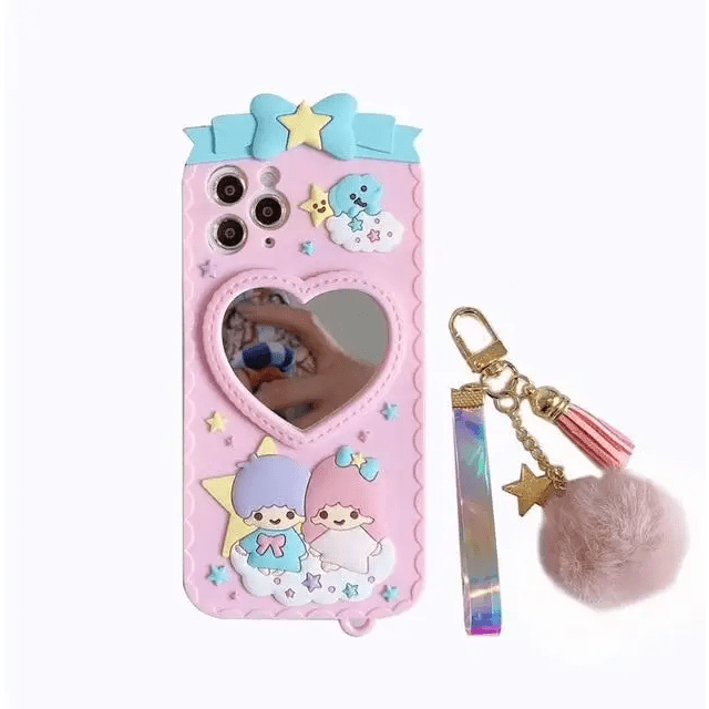 Luxurious Kiki & Lala iPhone Case with Heart Mirror in Pastel Colors - Cosparty