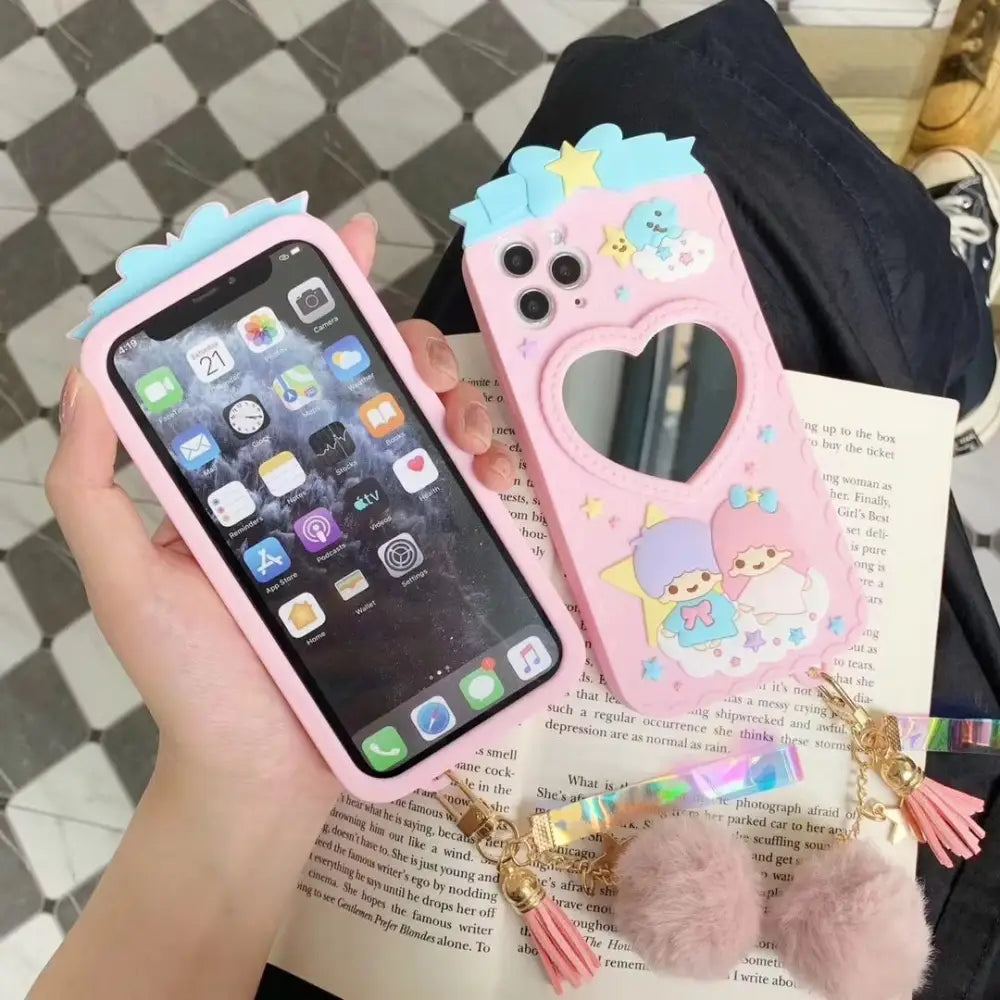 Luxurious Kiki & Lala iPhone Case with Heart Mirror in Pastel Colors - Phone Case