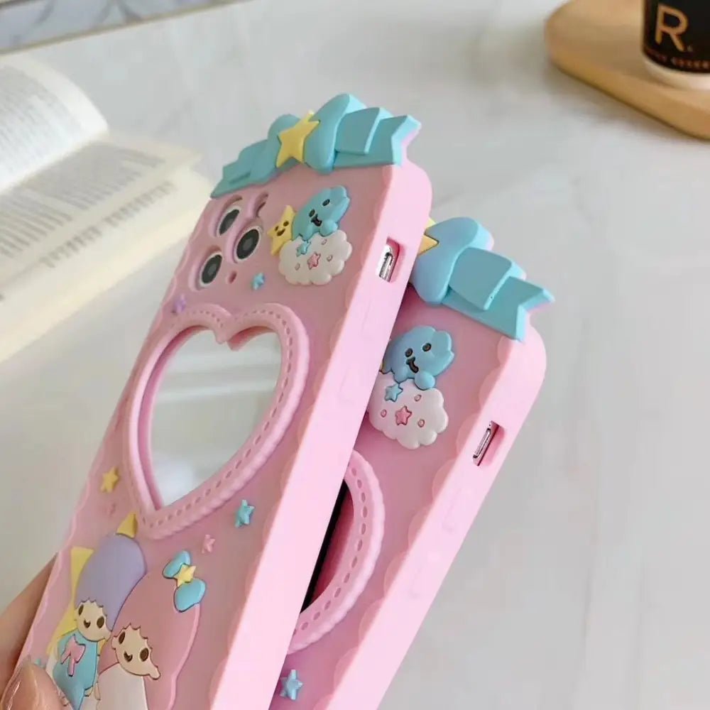 Luxurious Kiki & Lala iPhone Case with Heart Mirror in Pastel Colors - Cosparty