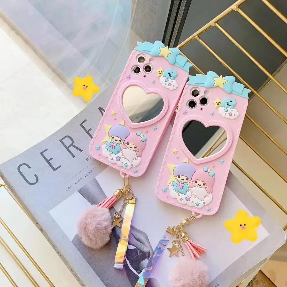 Luxurious Kiki & Lala iPhone Case with Heart Mirror in Pastel Colors - Cosparty
