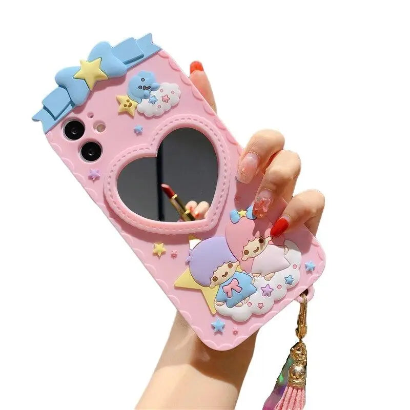 Luxurious Kiki & Lala iPhone Case with Heart Mirror in Pastel Colors - Phone Case