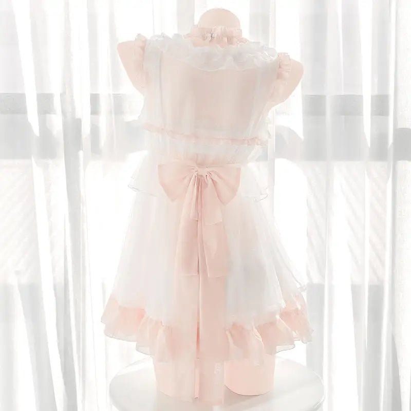 Luxurious Pink and White Chiffon Lingerie Dress - Cosparty