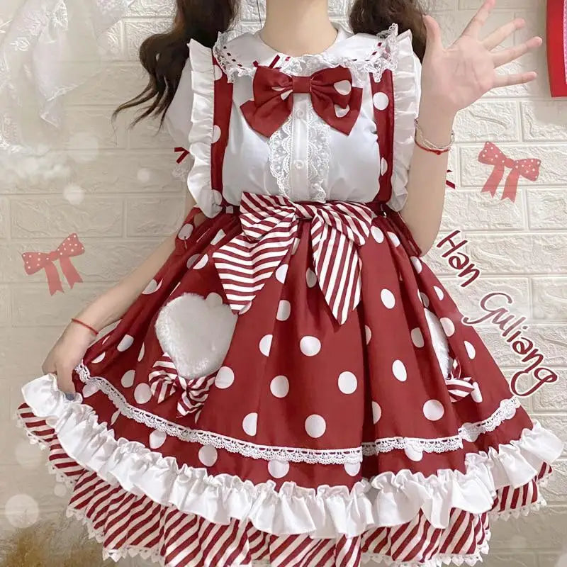 Luxurious Polkadot Suspender Lolita Skirt with Elastic Waist - Red / M - skirt