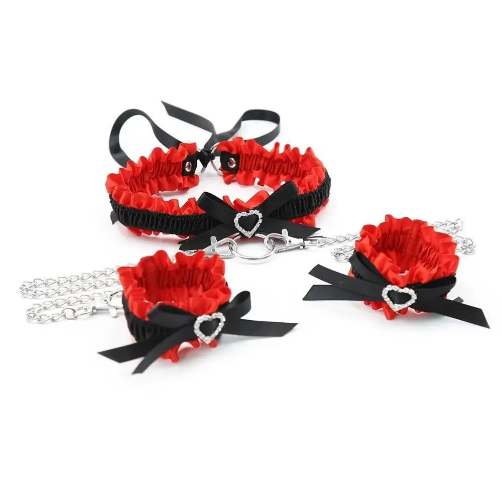 Luxurious Red and Black Rhinestone Collar Set with Handcuffs - handcuffs