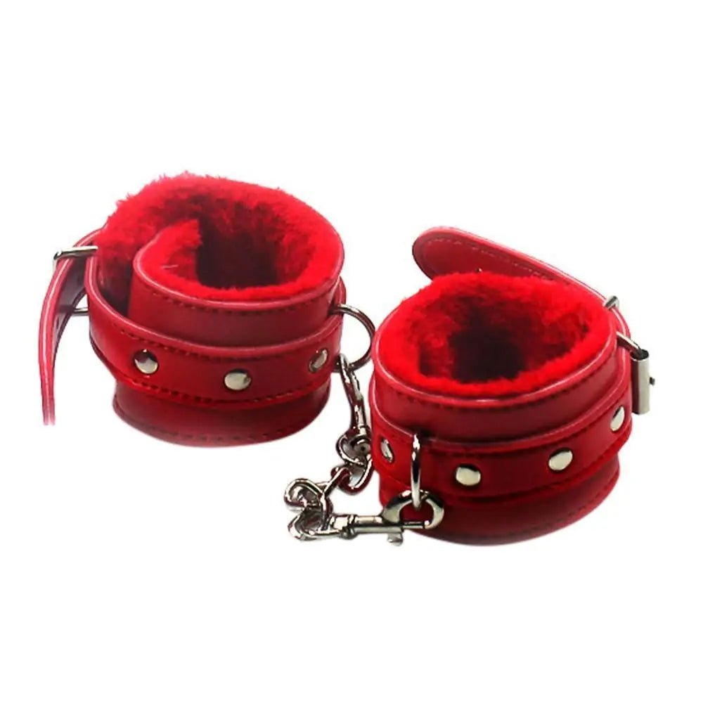 Luxurious Red Fur Lined BDSM Handcuffs with Silver Hardware - Cosparty