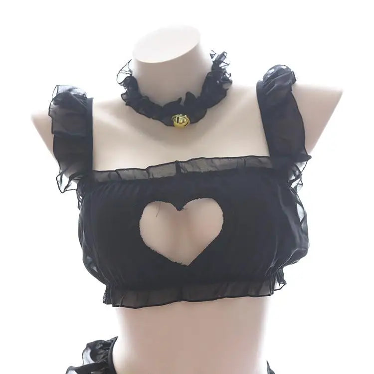 Luxurious Ruffled Lace Lingerie Set with Harness and Heart Cutout - lingerie