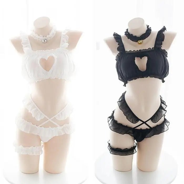 Luxurious Ruffled Lace Lingerie Set with Harness and Heart Cutout - Cosparty