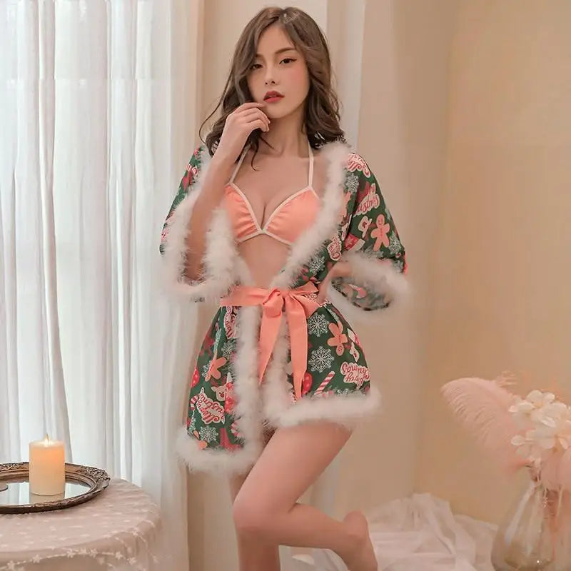 Luxury Holiday Robe and Lingerie Set with Faux Fur Trim - robe