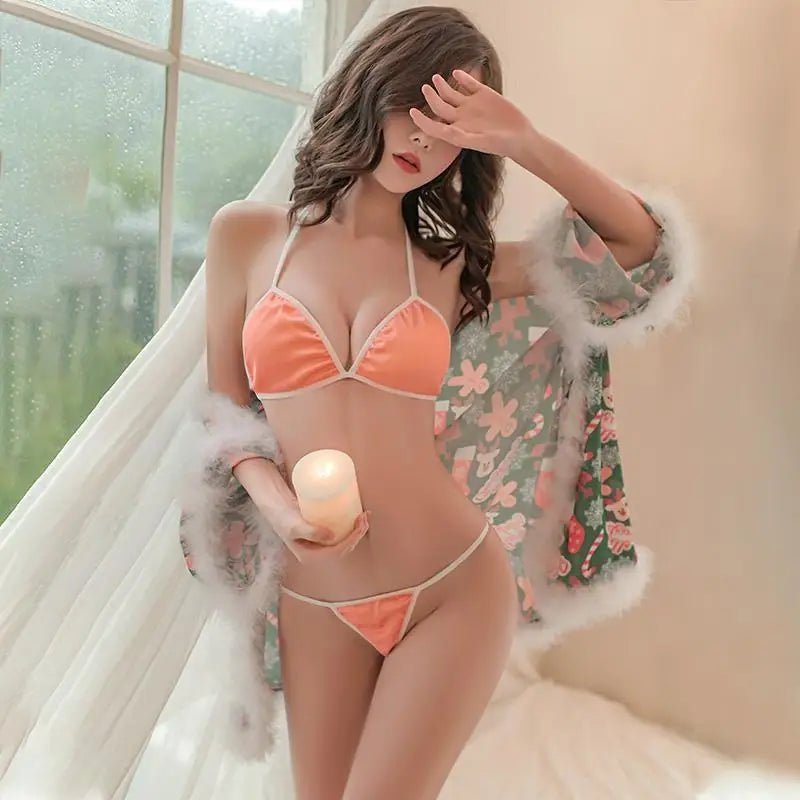 Luxury Holiday Robe and Lingerie Set with Faux Fur Trim - Cosparty