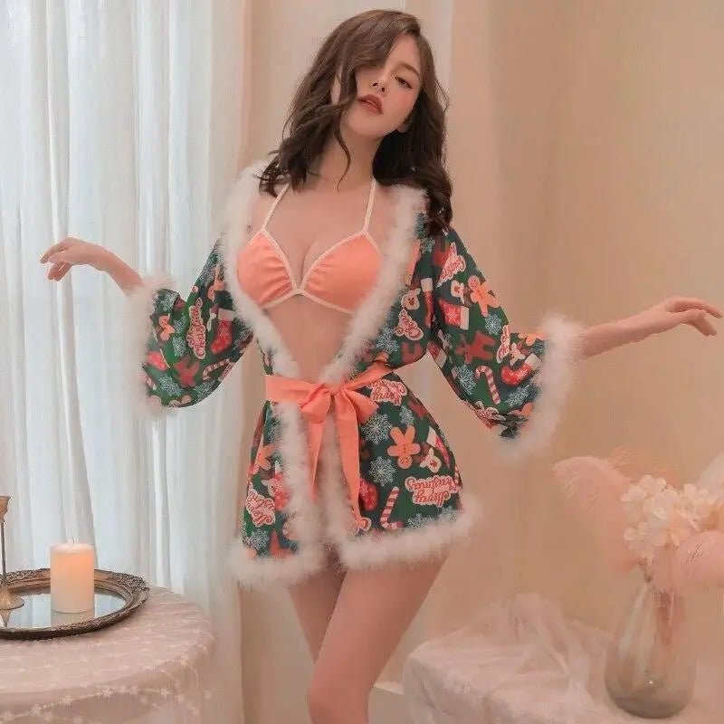 Luxury Holiday Robe and Lingerie Set with Faux Fur Trim - Cosparty