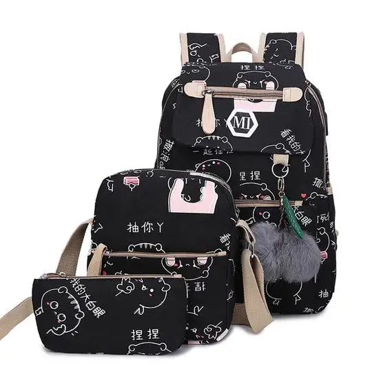 Luxury Kawaii Backpack with Built-in USB Charger and Ample Storage - Black - Backpack