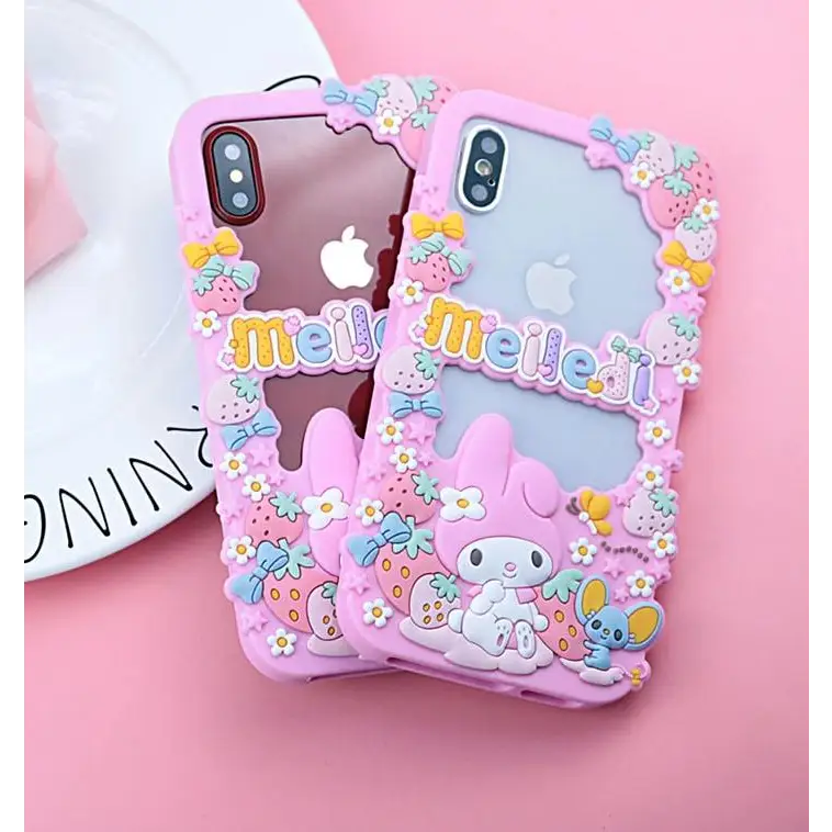 Pink My Melody Apple iPhone Case 3D Soft Rubber TPU Fairy Kei Kawaii Cute Strawberries