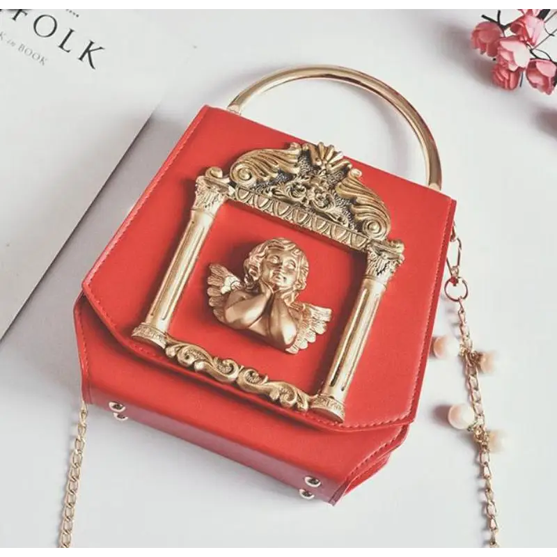 Luxury Vintage Victorian Angel Handbag with Cherub Design - Red - Purse