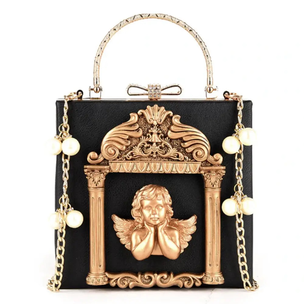 Luxury Vintage Victorian Angel Handbag with Cherub Design - Black - Purse