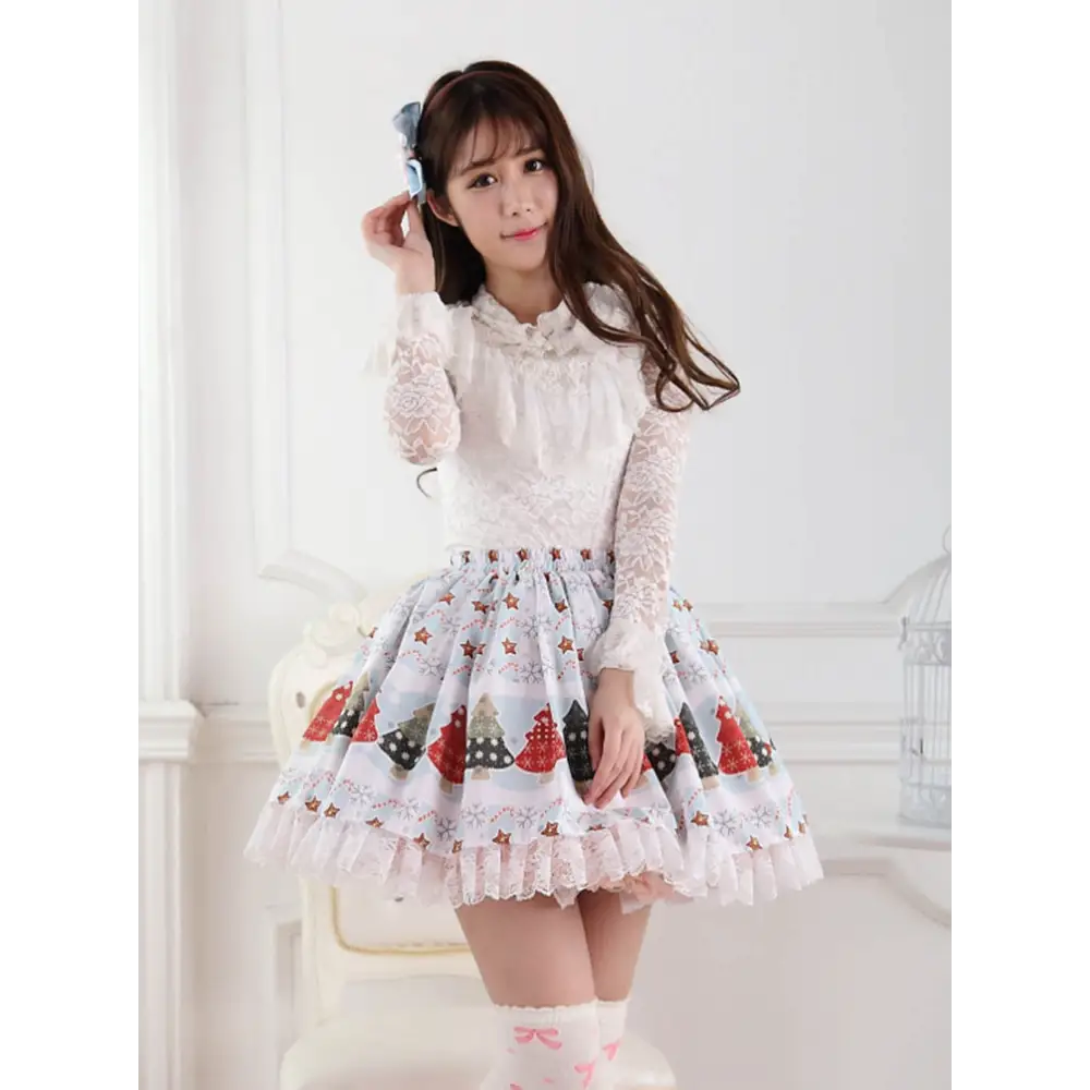 Luxury Winter Wonderland Skirt with Lace Trim and Pleats - Skirts