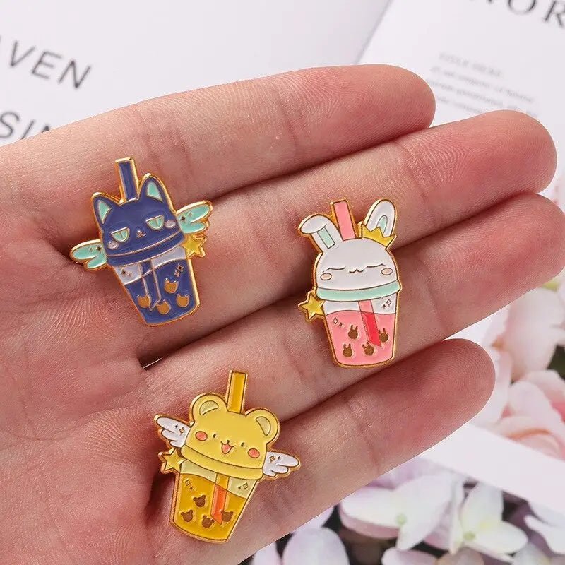 Magical Animal Boba Enamel Pins for Anime and Bubble Tea Fans - Cosparty