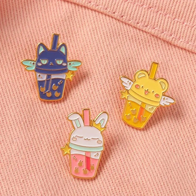 Magical Animal Boba Enamel Pins for Anime and Bubble Tea Fans - Cosparty