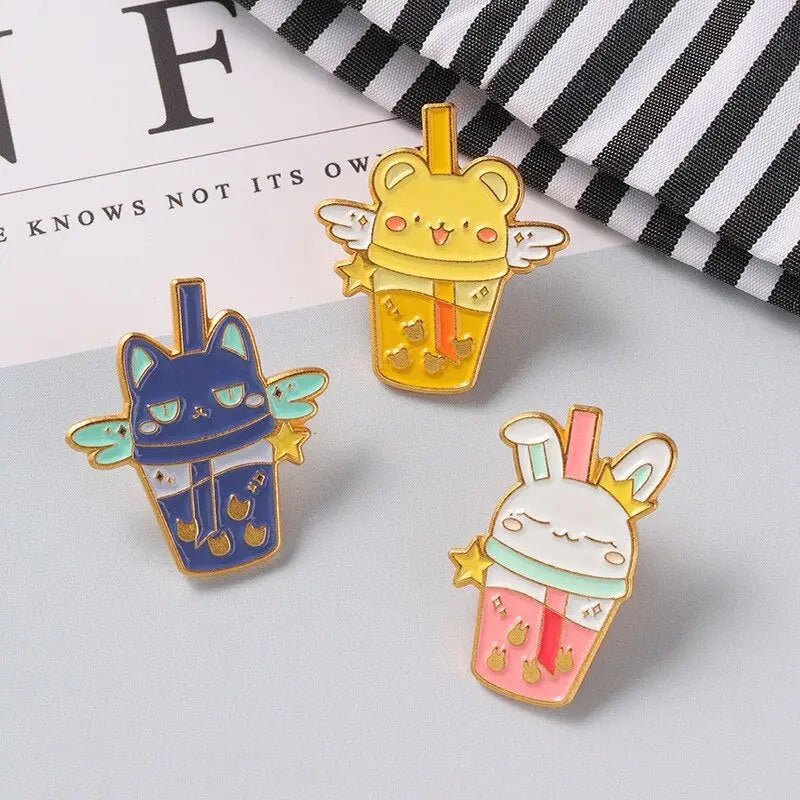 Magical Animal Boba Enamel Pins for Anime and Bubble Tea Fans - Cosparty