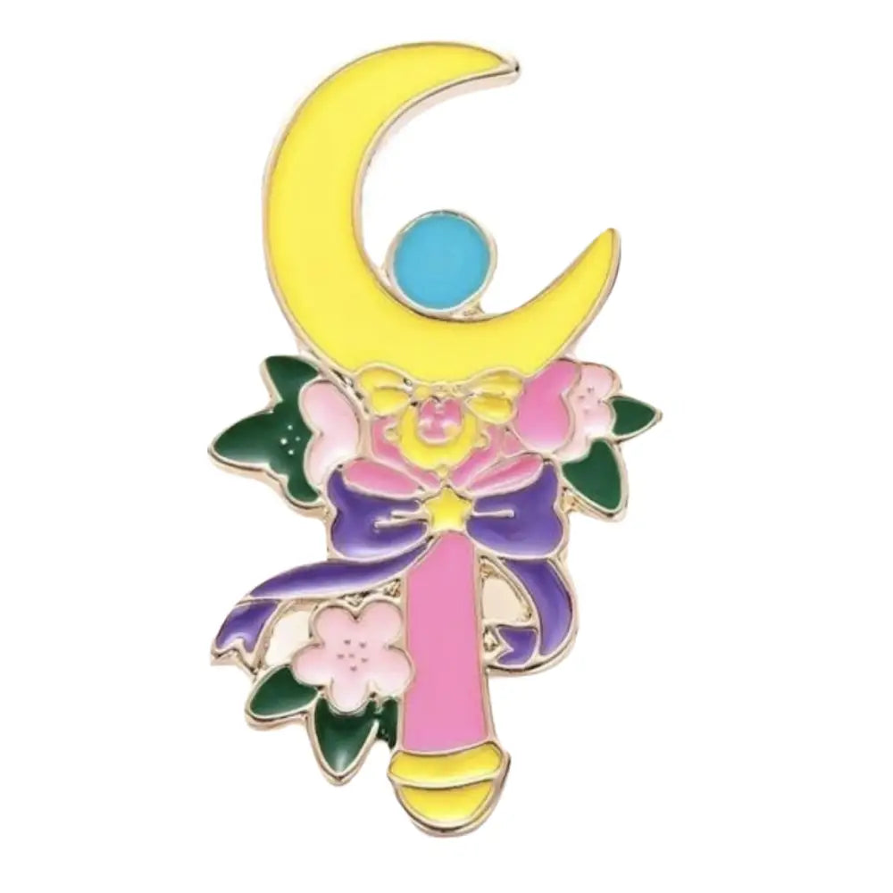 Magical Girl Inspired Wand Enamel Pin with Flowers and Bow - pin