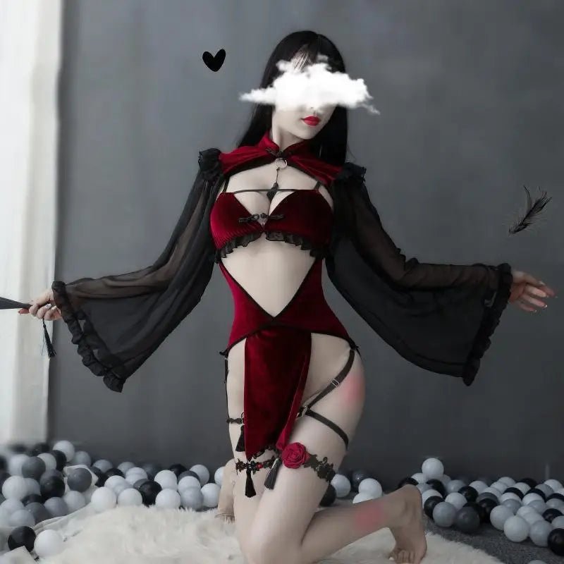 Majestic Priestess Cosplay Lingerie Set in Red Velvet - Cosparty