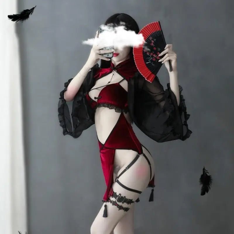 Majestic Priestess Cosplay Lingerie Set in Red Velvet - Cosparty