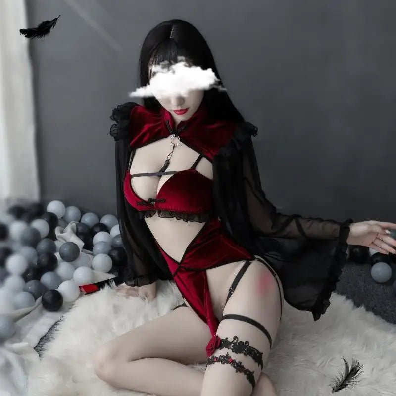 Majestic Priestess Cosplay Lingerie Set in Red Velvet - Cosparty