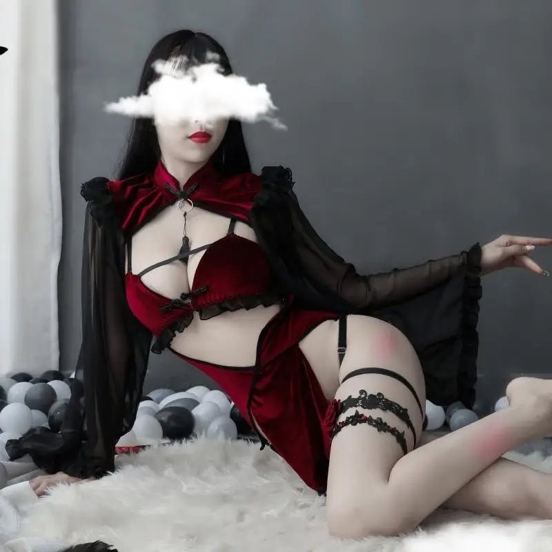 Majestic Priestess Cosplay Lingerie Set in Red Velvet - Cosparty