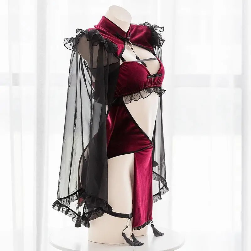 Majestic Priestess Cosplay Lingerie Set in Red Velvet - costume