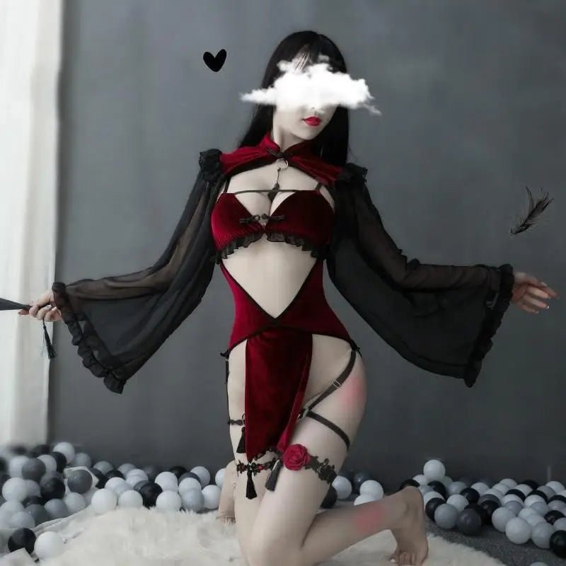 Majestic Priestess Cosplay Lingerie Set in Red Velvet - Cosparty