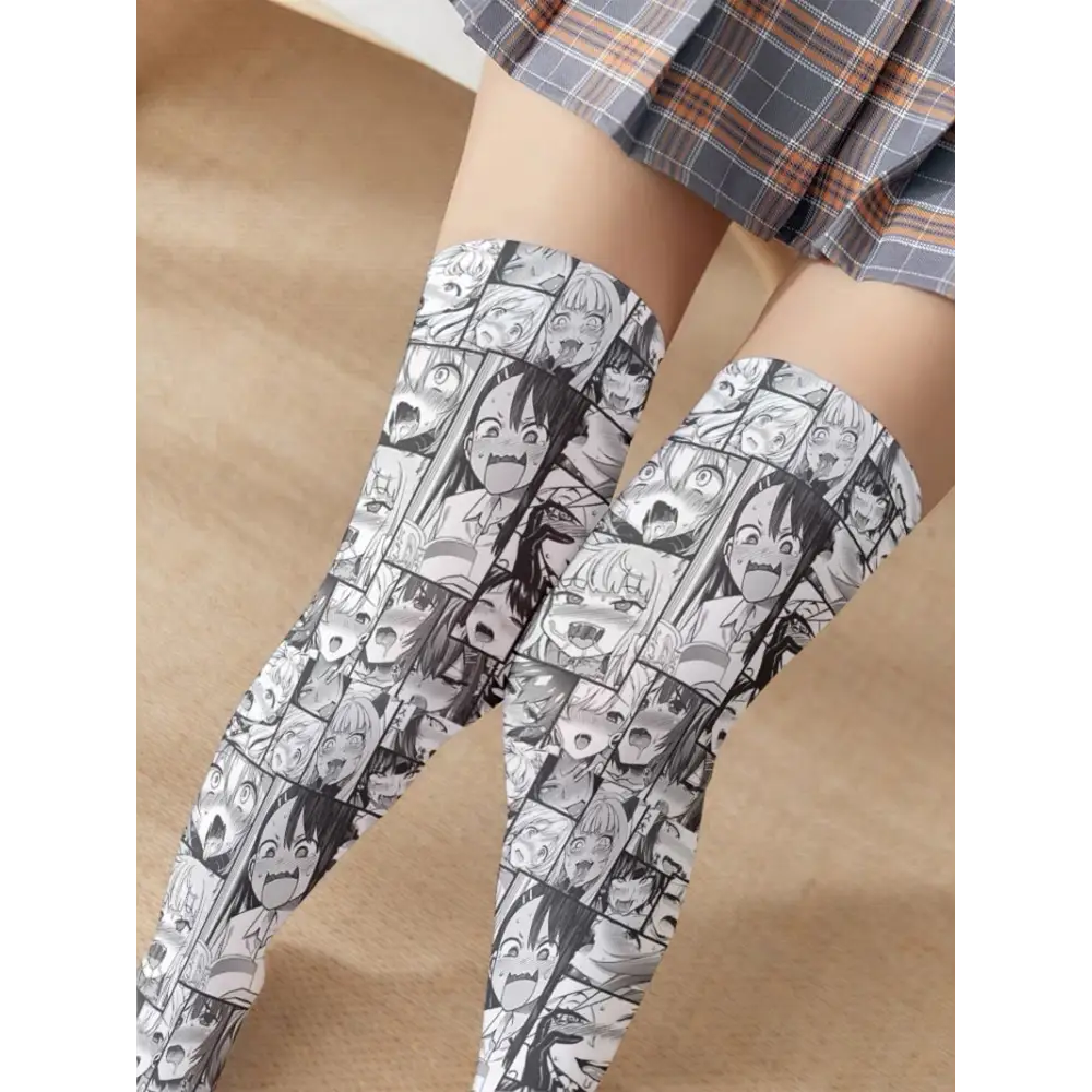 Manga Inspired Ahegao Face Thigh-High Stockings for Otaku - socks