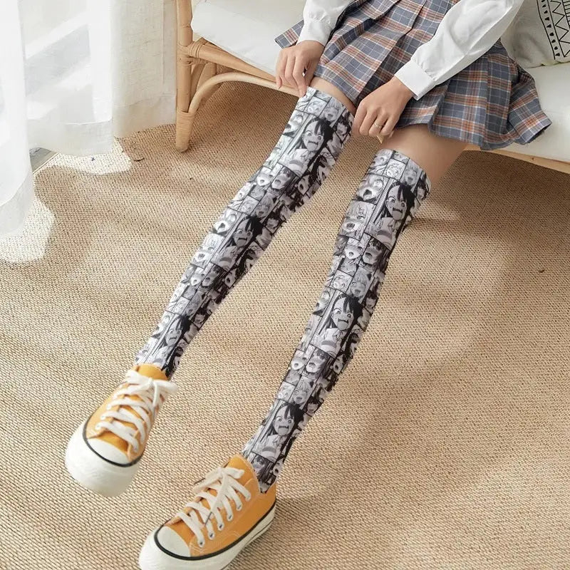 Manga Inspired Ahegao Face Thigh-High Stockings for Otaku - socks