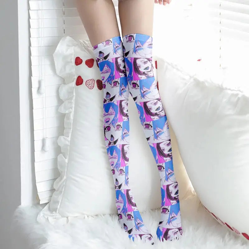 Manga Inspired Ahegao Face Thigh-High Stockings for Otaku - socks