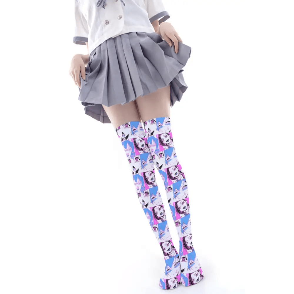Manga Inspired Ahegao Face Thigh - High Stockings for Otaku - Cosparty