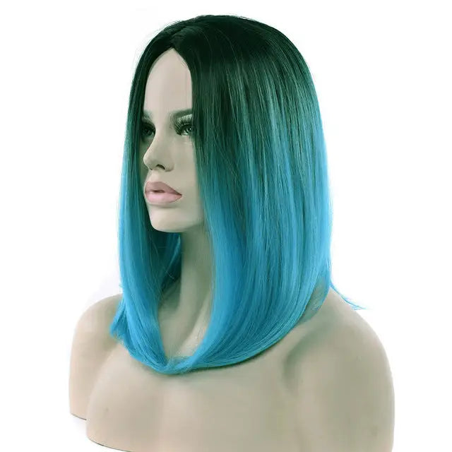 Medium Length Ombre Long Bob Wig in Chic Colorful Style - Blue - Wig