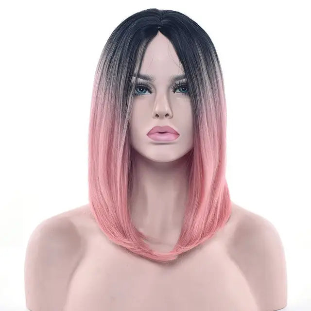 Medium Length Ombre Long Bob Wig in Chic Colorful Style - Pink - Wig