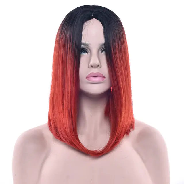 Medium Length Ombre Long Bob Wig in Chic Colorful Style - Red - Wig