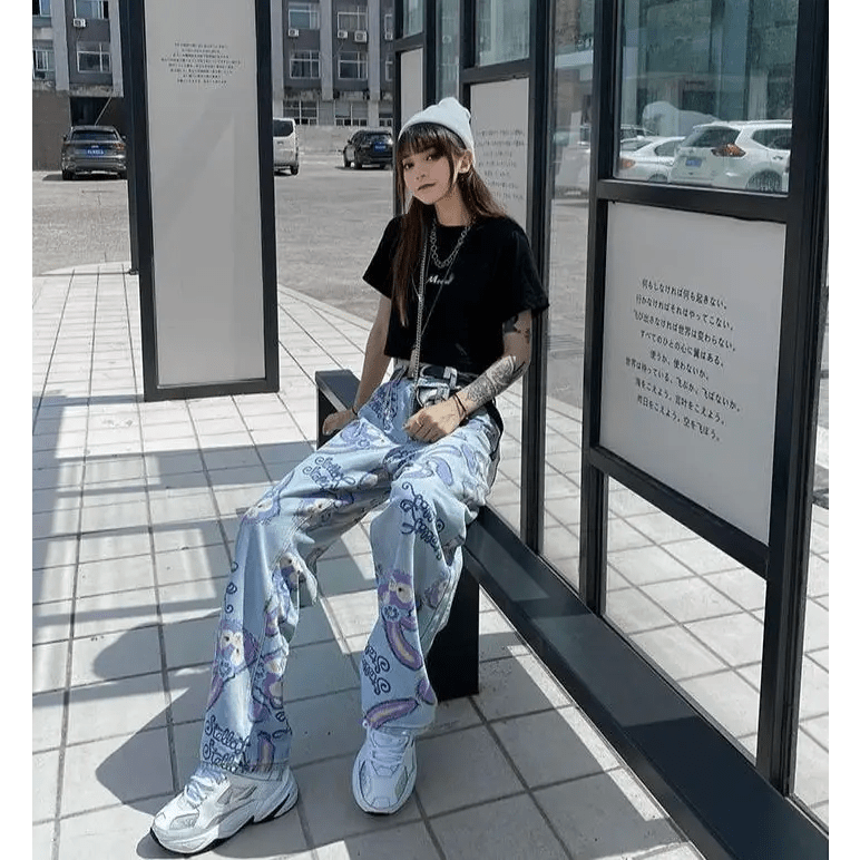 Milky Pastel Fairy Kei Patchwork Jeans with Frayed Edges - Cosparty