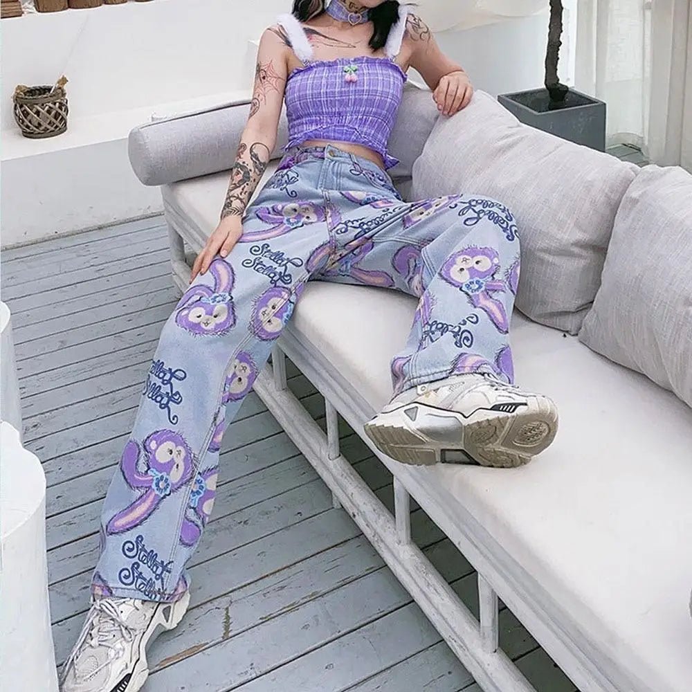 Milky Pastel Fairy Kei Patchwork Jeans with Frayed Edges - Cosparty