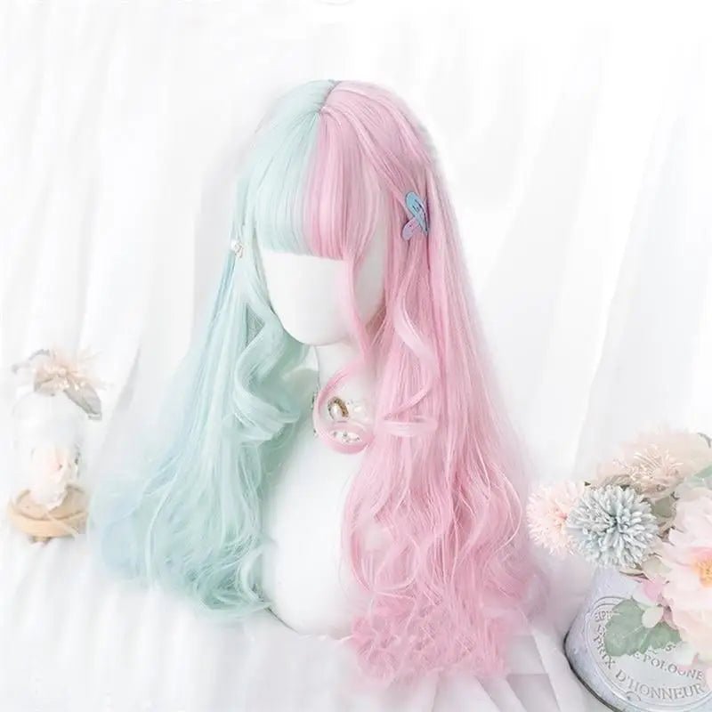 Mint Green and Pastel Pink Long Wavy Lolita Wig - Cosparty