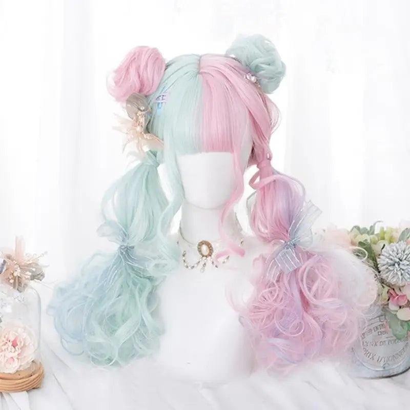 Mint Green and Pastel Pink Long Wavy Lolita Wig - wig