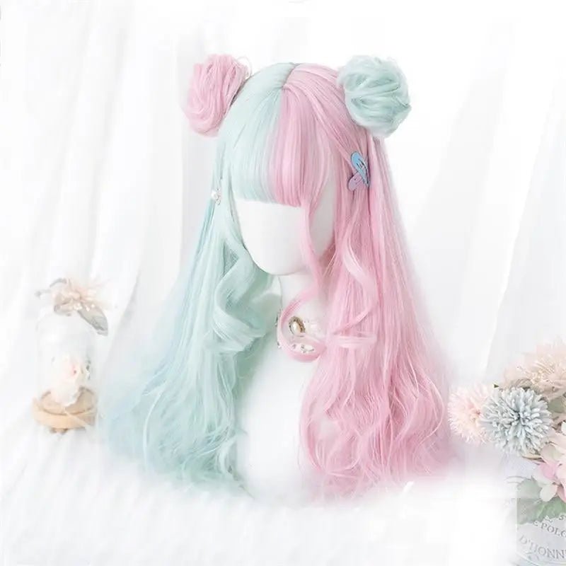 Mint Green and Pastel Pink Long Wavy Lolita Wig - Cosparty