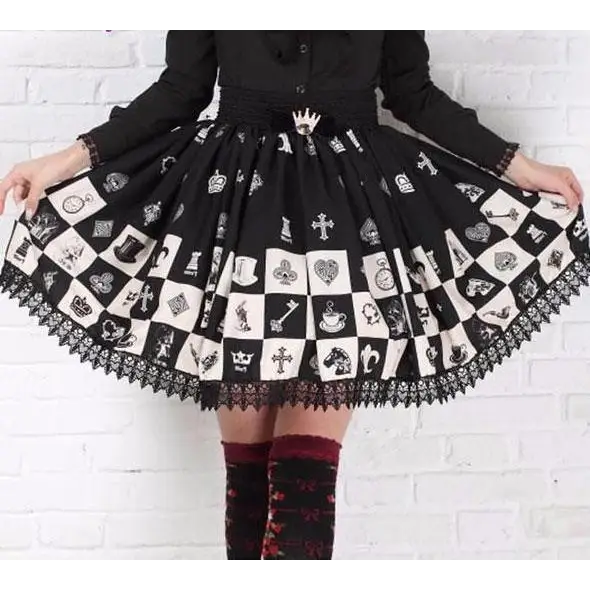 Monochrome Checkerboard Lolita Skirt Inspired by Blackjack and Chess - Skirts