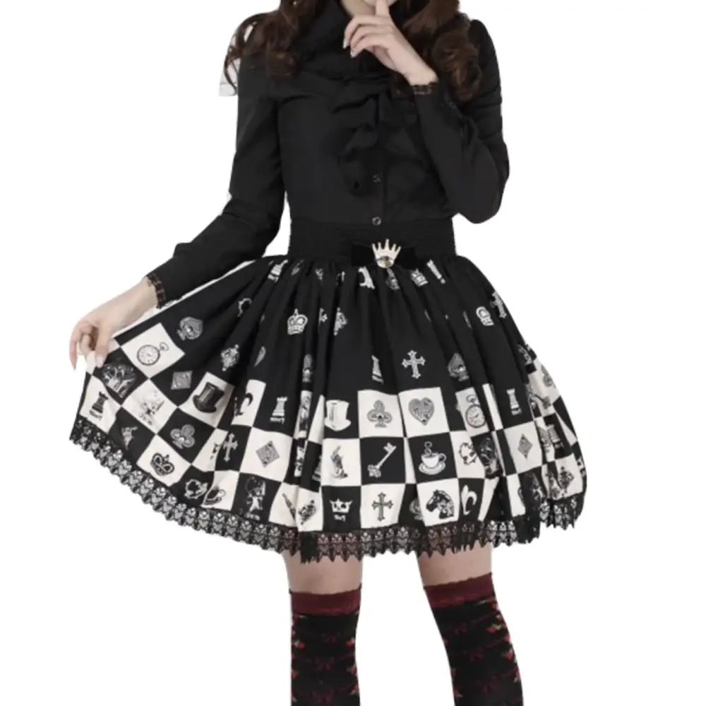 Monochrome Checkerboard Lolita Skirt Inspired by Blackjack and Chess - Cosparty