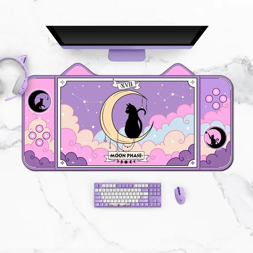 Moon Magic Neko Gaming Mousepad with Pastel Goth Cat Design - mouse pad