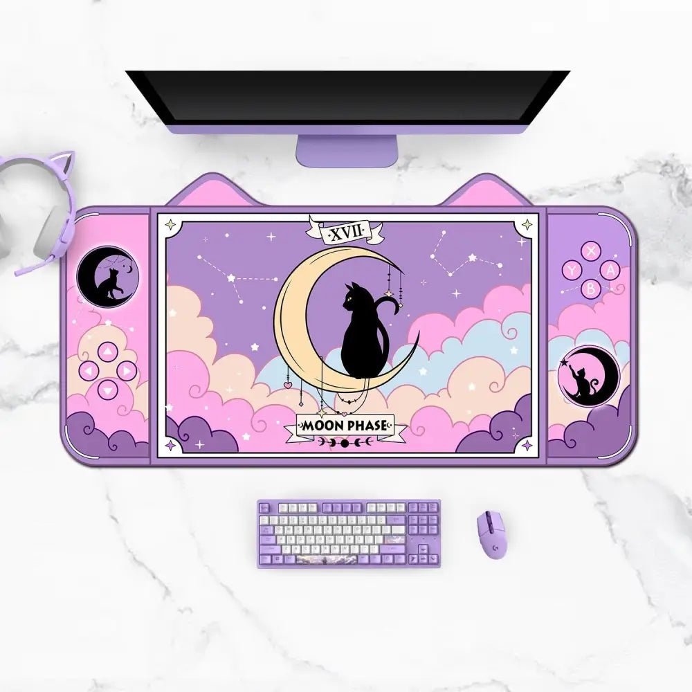 Moon Magic Neko Gaming Mousepad with Pastel Goth Cat Design - Cosparty