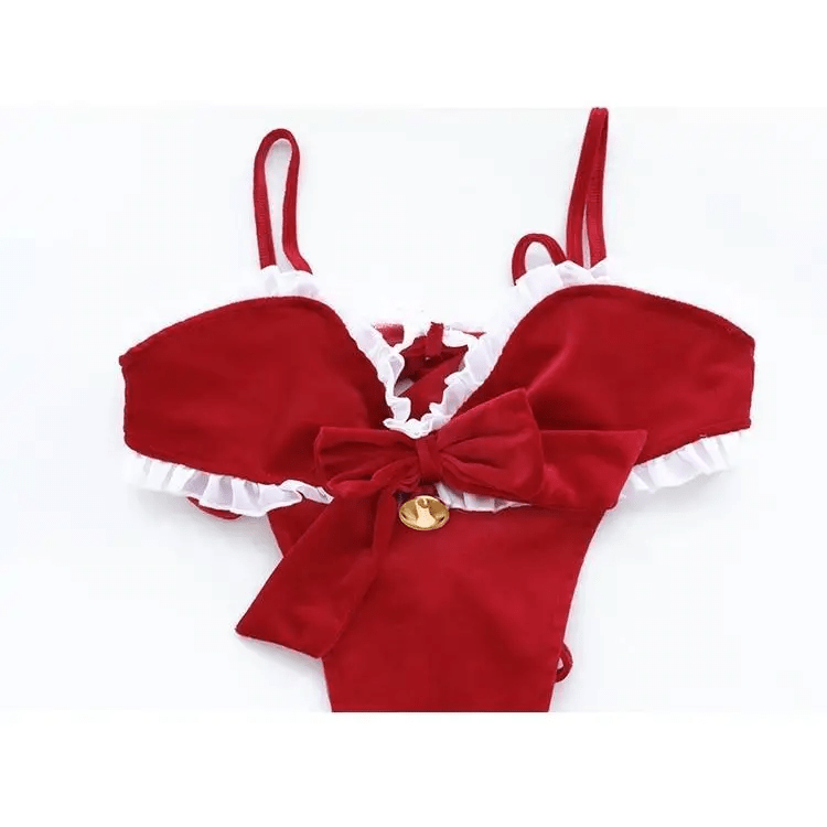 Mrs. Claus Inspired Lingerie Set with Bow Embellishments - Cosparty